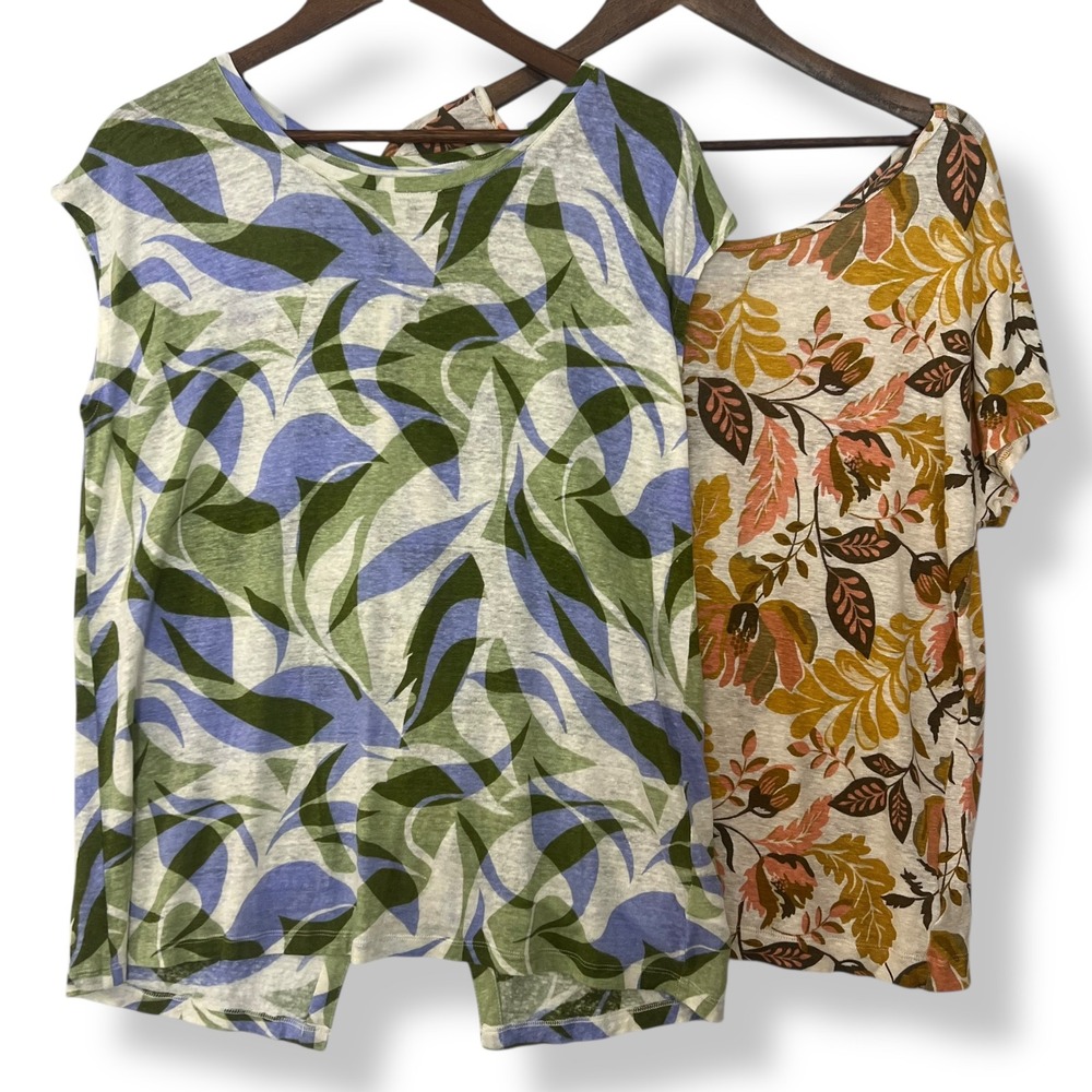 Nicole Miller Rachel Zoe L 100% Linen Tops Lot of 2 Floral Blue Pink Button Back
